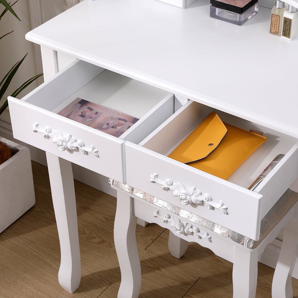 White 4 Drawers Dressing Table with Mirror and Stool Set