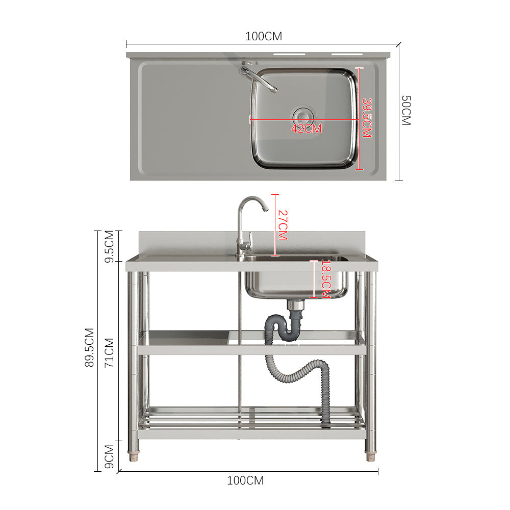 Silver Stainless Steel Kitchen Compartment Sink with Shelves