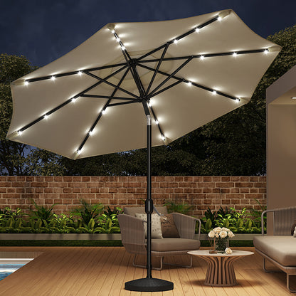 3M Large Garden LED Parasol Outdoor Beach Umbrella with Light Sun Shade Crank Tilt with 14KG Round Base, Beige