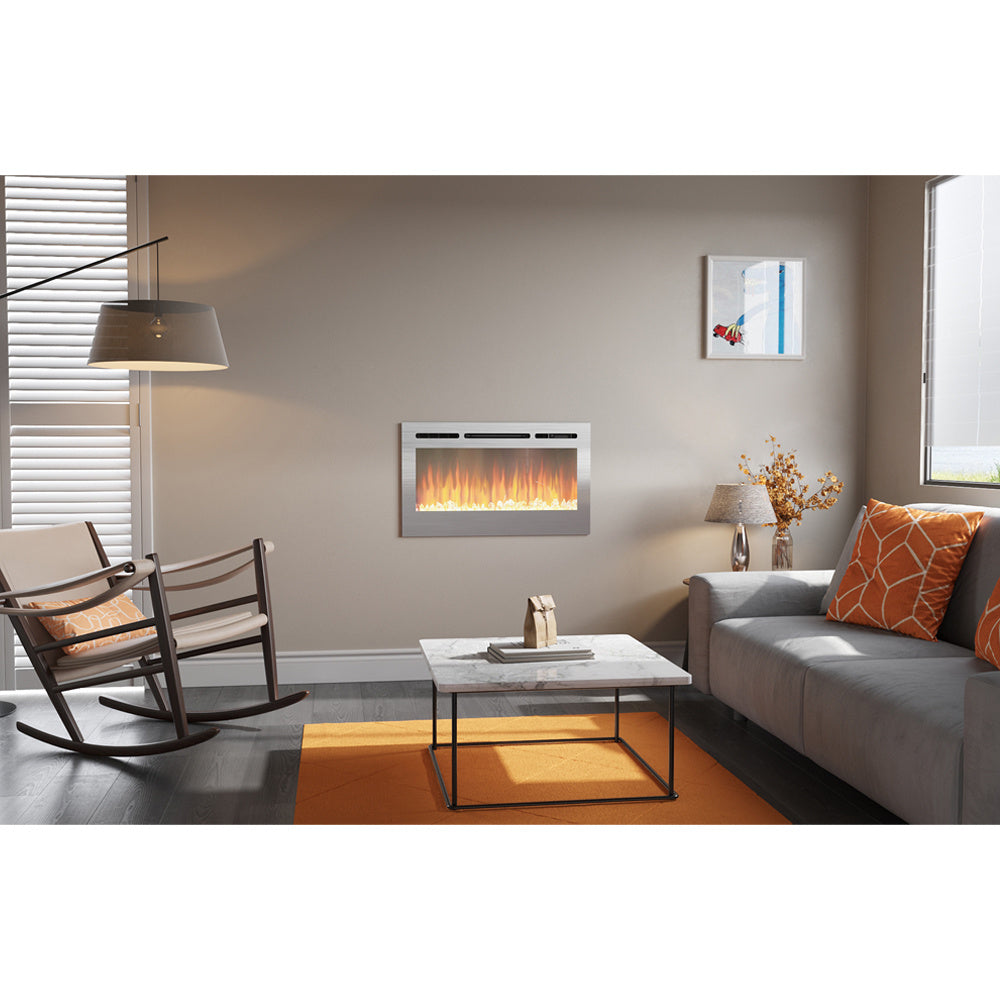 LED Electric Wall Mounted Fireplace Recessed Fire Heater 12 Flames With Remote Silver 36inch