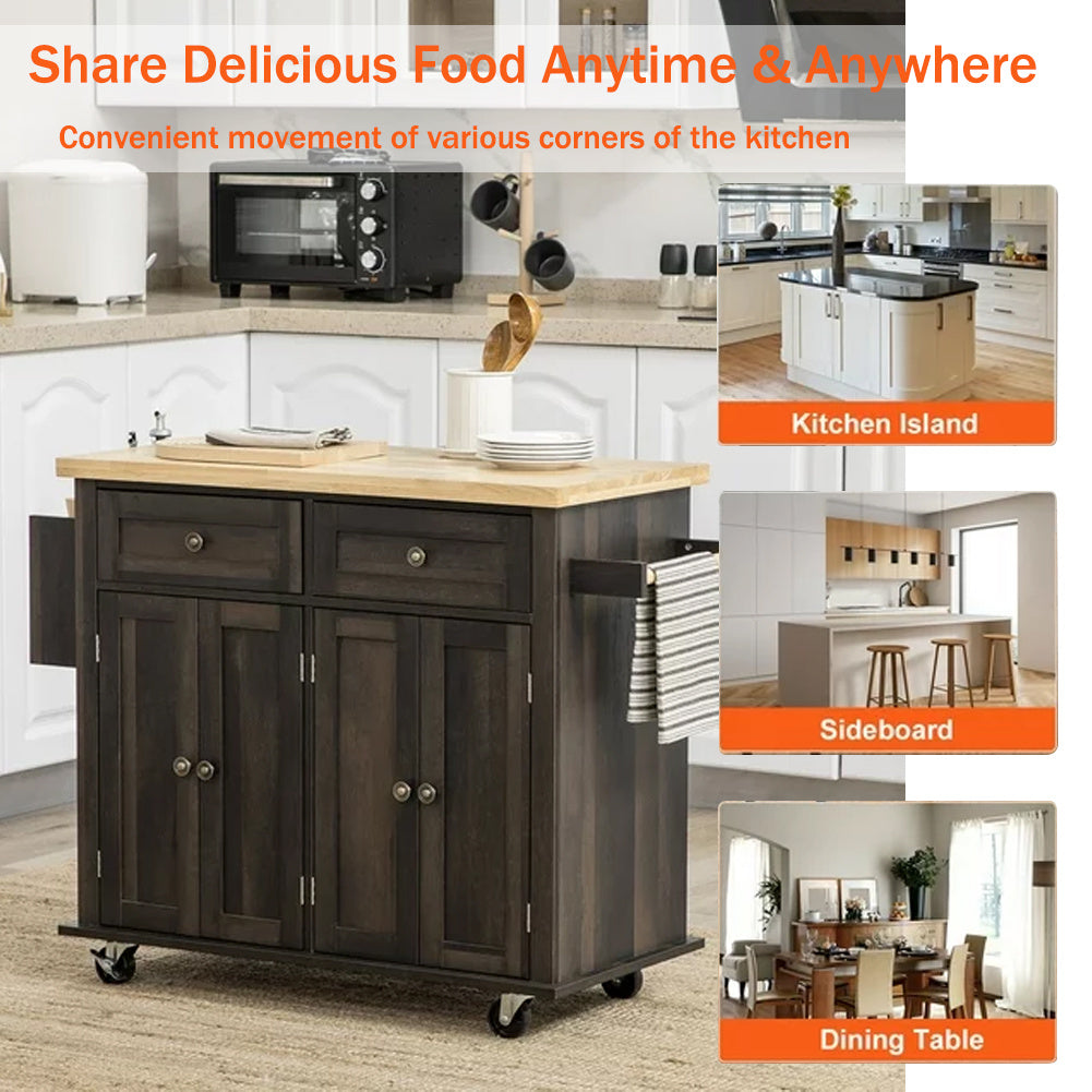 Wooden Kitchen Island Cart with Storage Cabinets