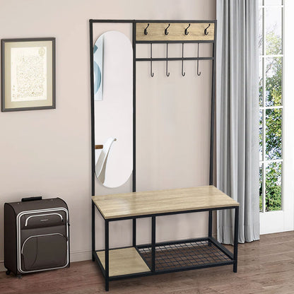 Coat Rack with Shoe Bench and Mirror