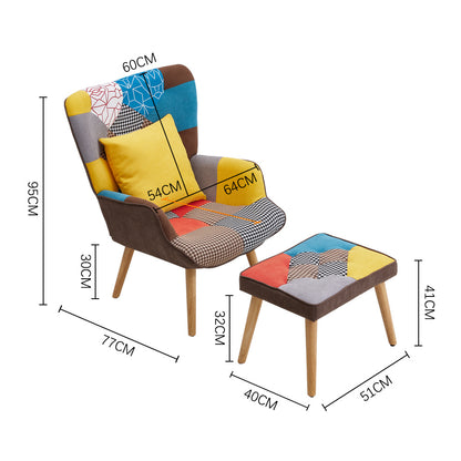 Patchwork Tufted Armchair with Cushion and Footstool