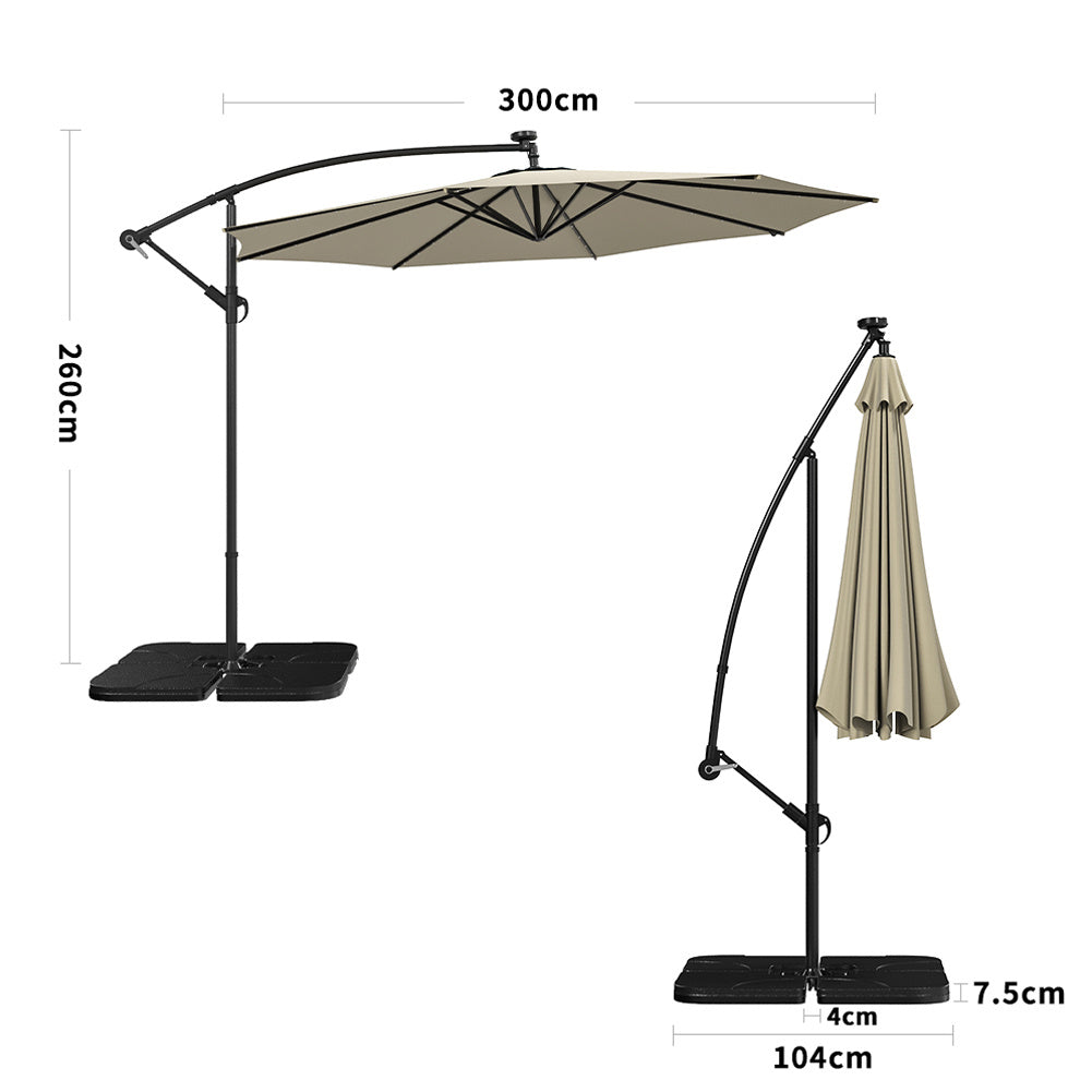 3M Large Garden Hanging LED Parasol Cantilever Sun Shade Banana Umbrella with Petal Base, Beige