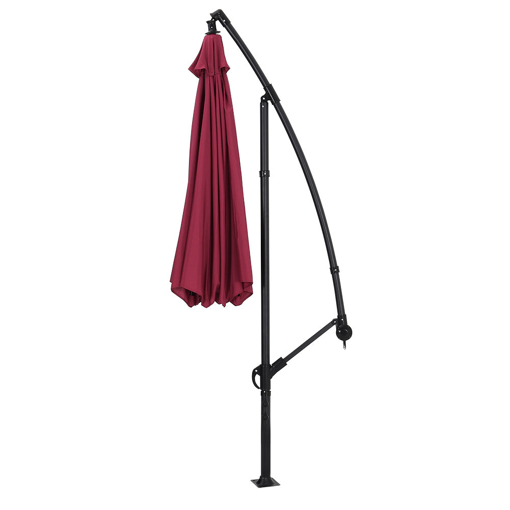 3M Banana Parasol Patio Umbrella Sun Shade Shelter with Fanshaped Base, Wine Red