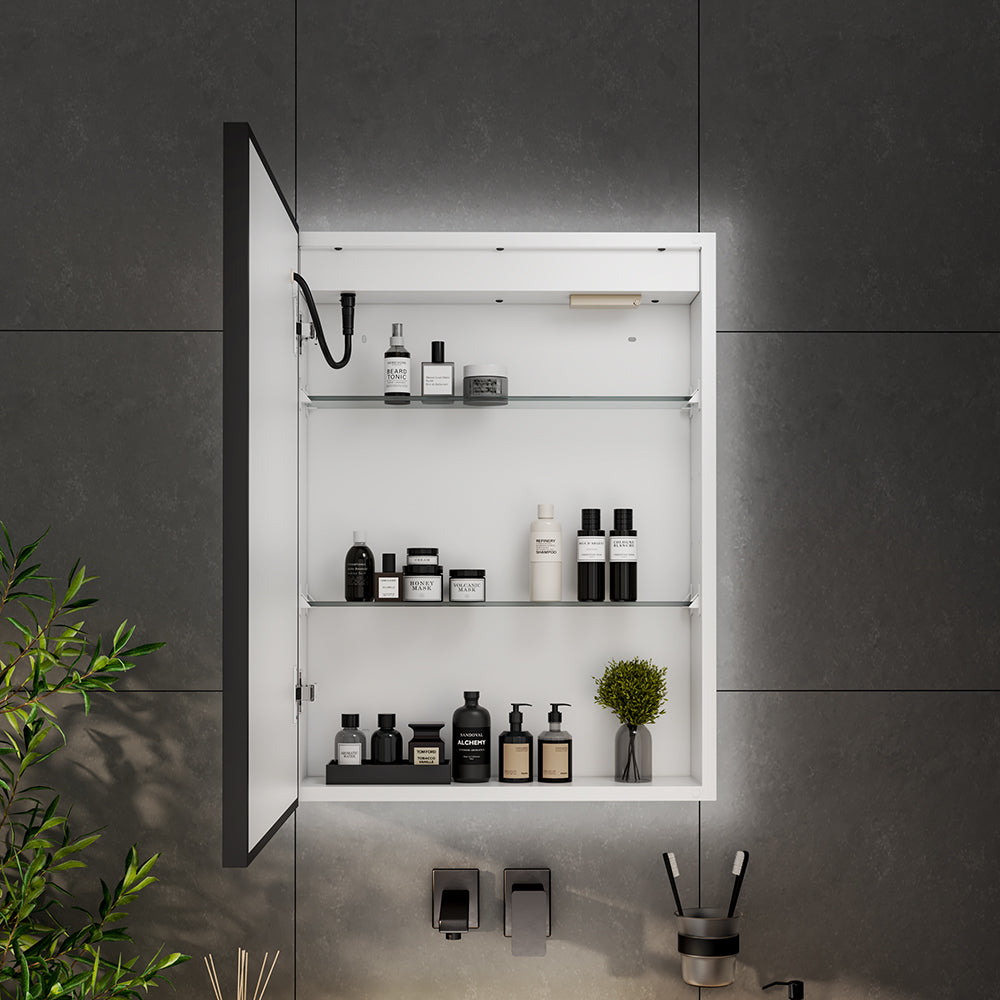 Single Door Fog Free Black Edge LED Bathroom Mirror Cabinet