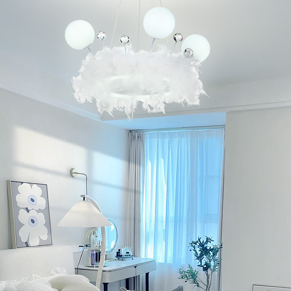 White Feather LED Pendant Light with Crystal Balls