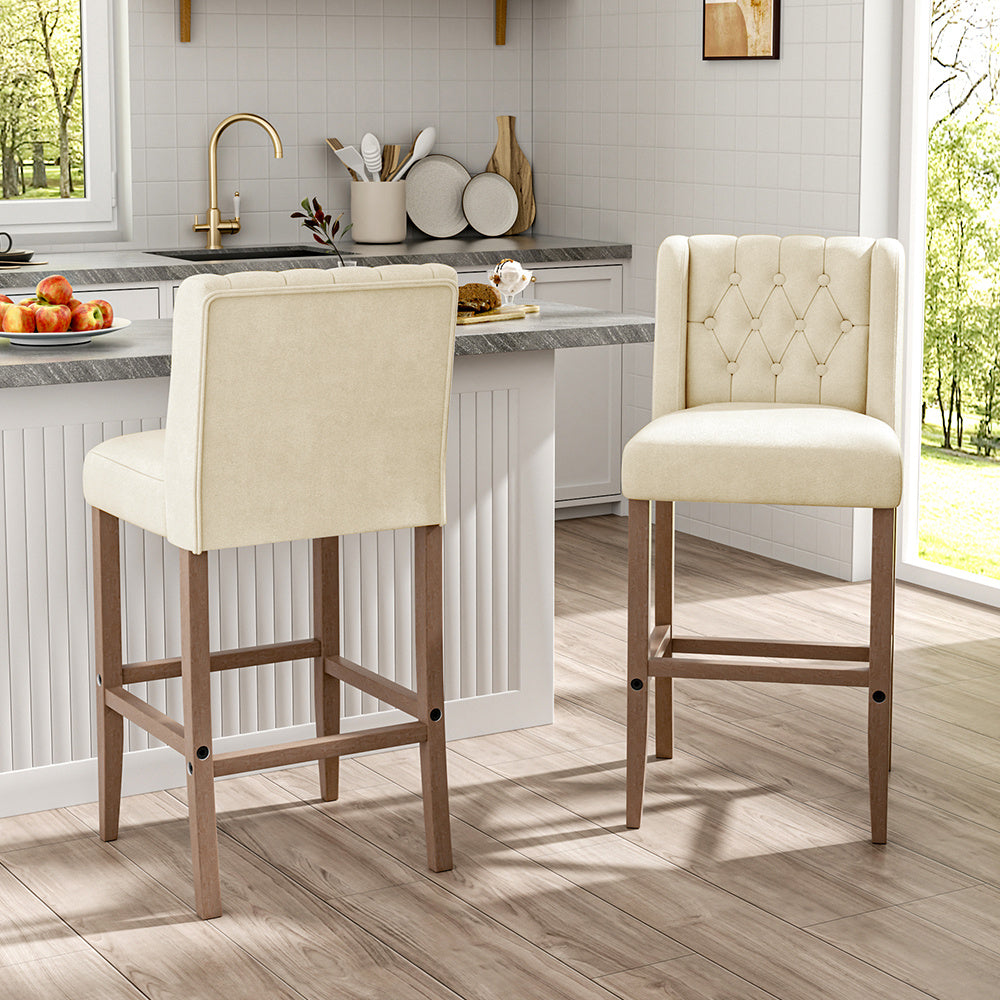 Rustic Set of 2 Bar Stools Linen Tufted with Wood Legs