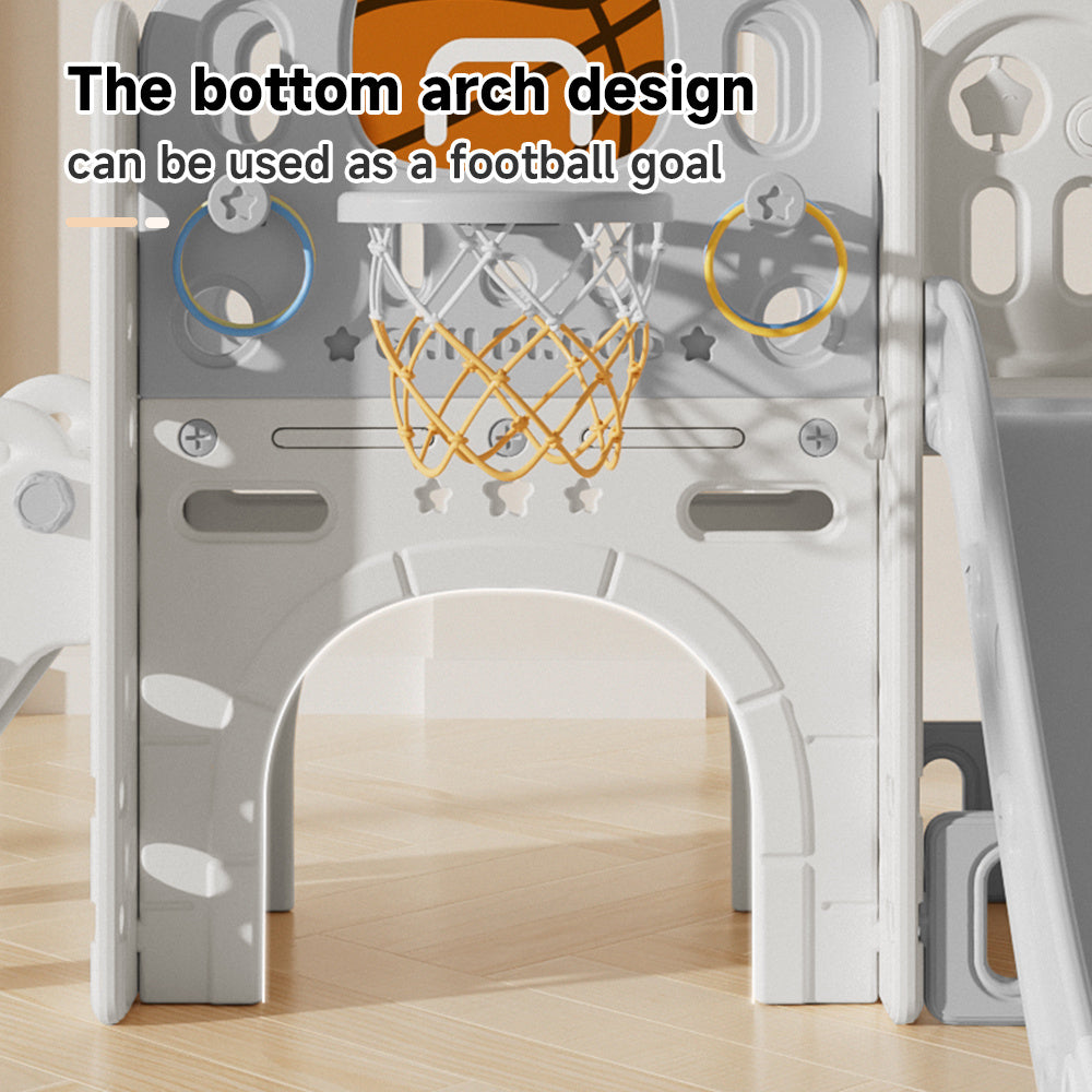 Beige Toddler Slide and Climber Playset with Basketball Hoop
