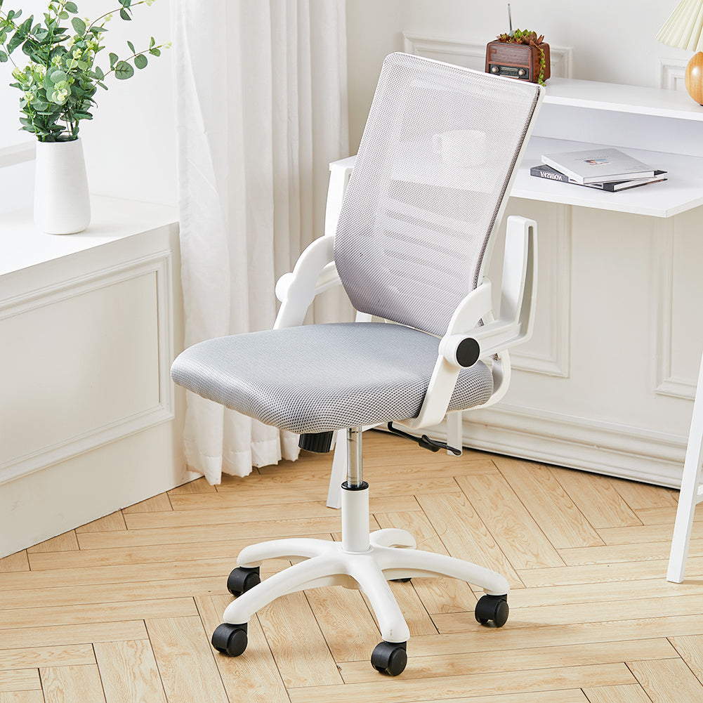 Mesh Office Chair Ergonomic Design with White Flip up Armrests, Grey