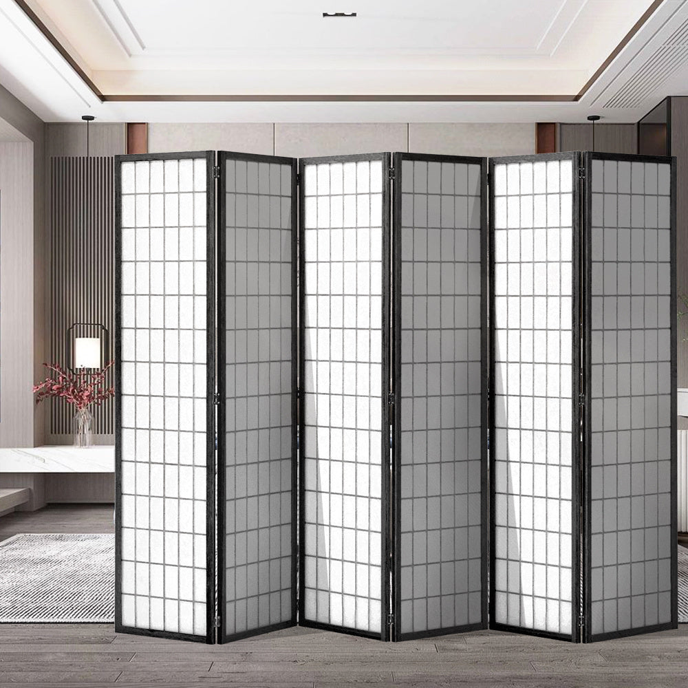 Black 6 Panel Solid Wood Folding Room Divider Privacy Screen