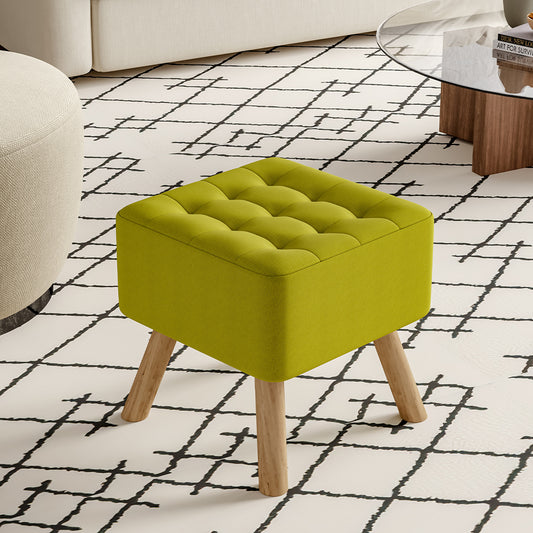 Green Linen Fabric Padded Wooden Leg Footstool