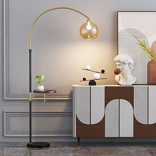 Modern Adjustable Arc Floor Lamp with Wood Tray