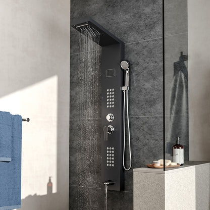 LED Temperature Display Shower Panel with 2 Body Jets Black