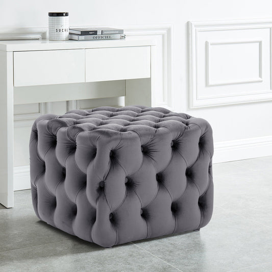 50CM Square Velvet Buttoned Footstool, Grey