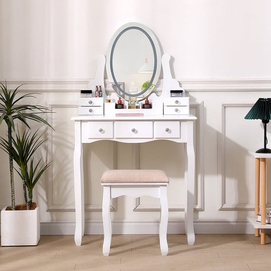 White Lighted Makeup Vanity Desk with Mirror and Stool