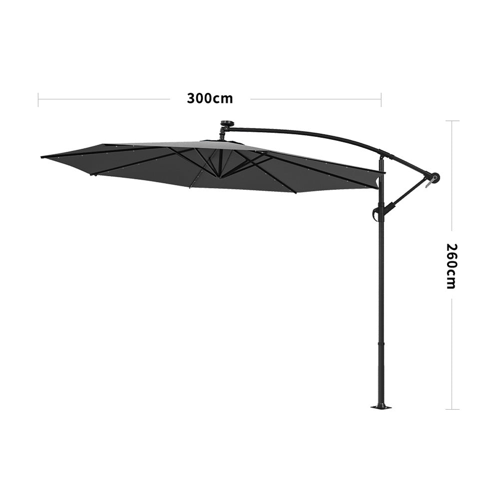3M Large Garden Hanging LED Parasol Cantilever Sun Shade Banana Umbrella No Base, Dark Grey