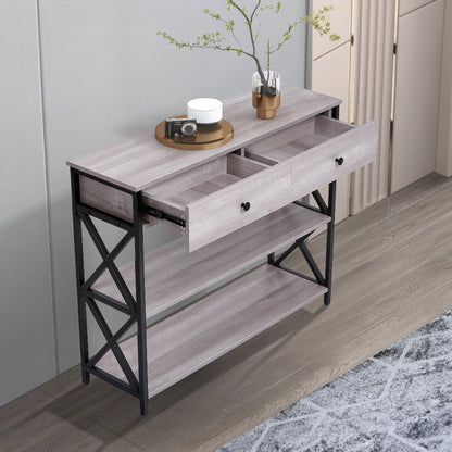 Grey Narrow Wooden Console Table with Drawers