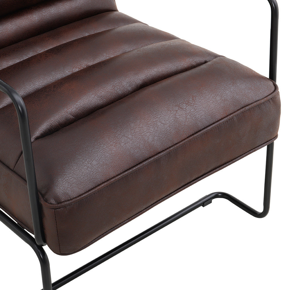 Brown Mid-Century PU leather Linen Armchair with Metal Base