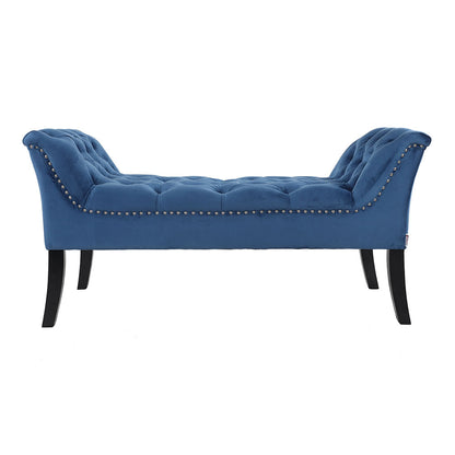 Blue Velvet Buttoned Bench with Black Wood Legs