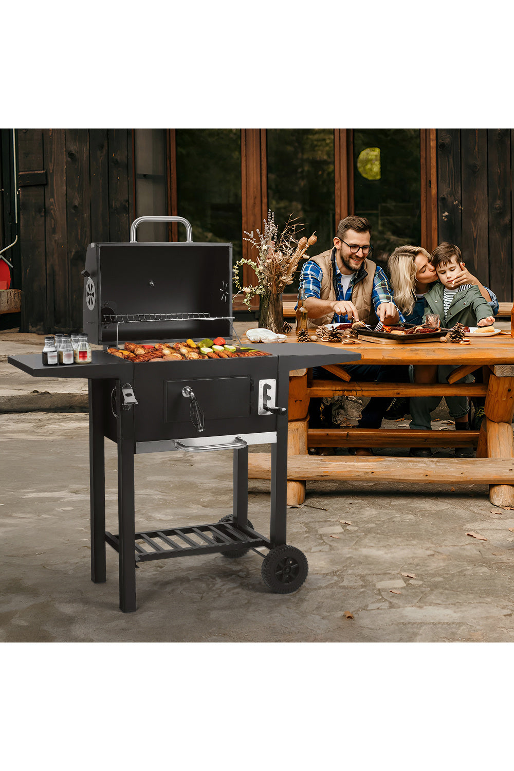 Black Outdoor Charcoal Grill with Smoke Stack