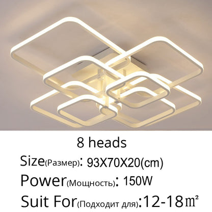 Dimmable 4/6/8-head square LED chandelier ceiling light with remote control