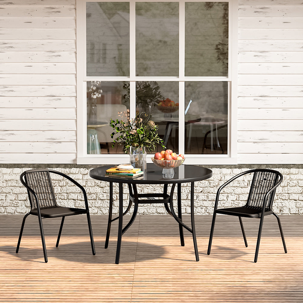 Set of 3 Garden 105CM Patio Glass Umbrella Round Table and Stackable Chairs Set