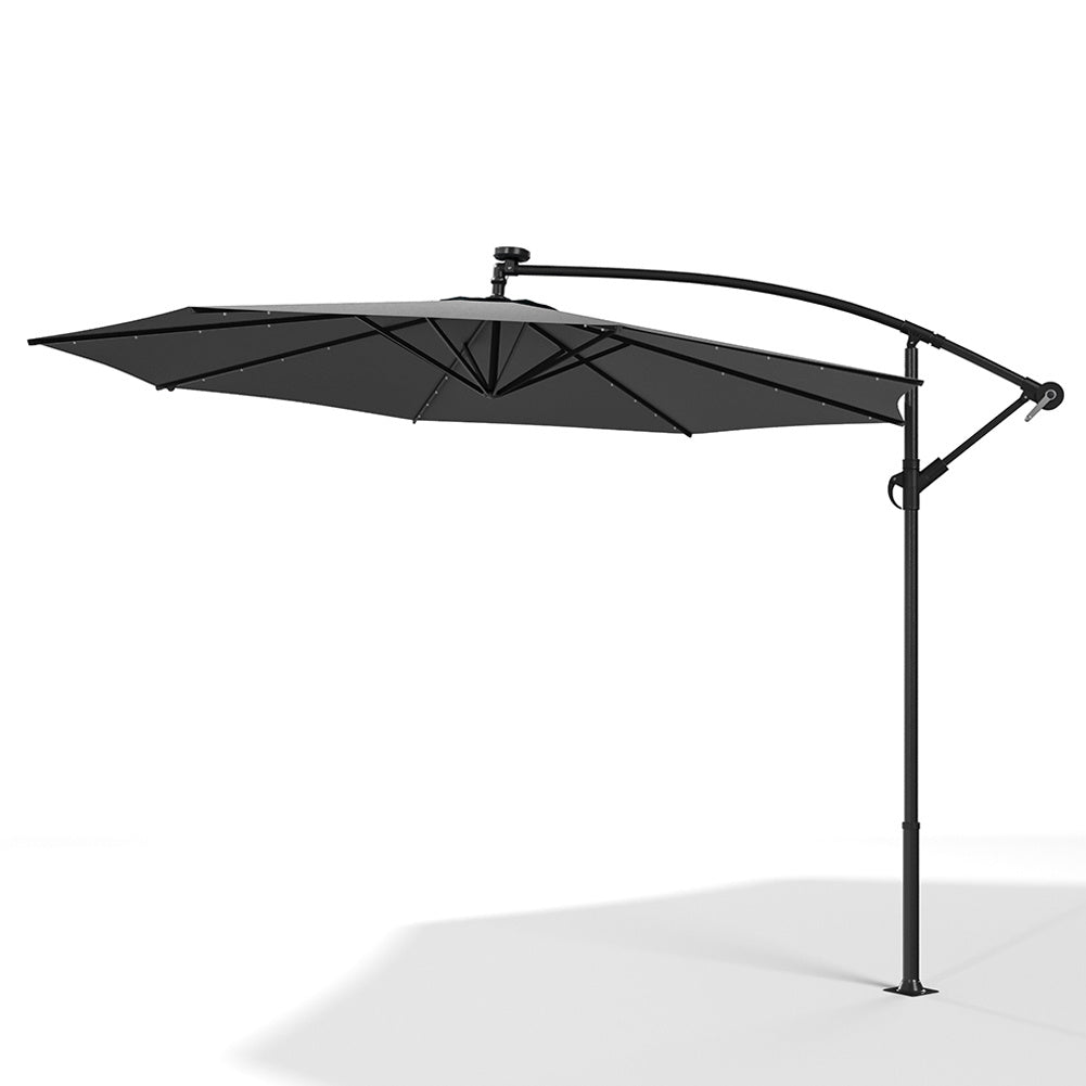 3M Large Garden Hanging LED Parasol Cantilever Sun Shade Banana Umbrella No Base, Dark Grey