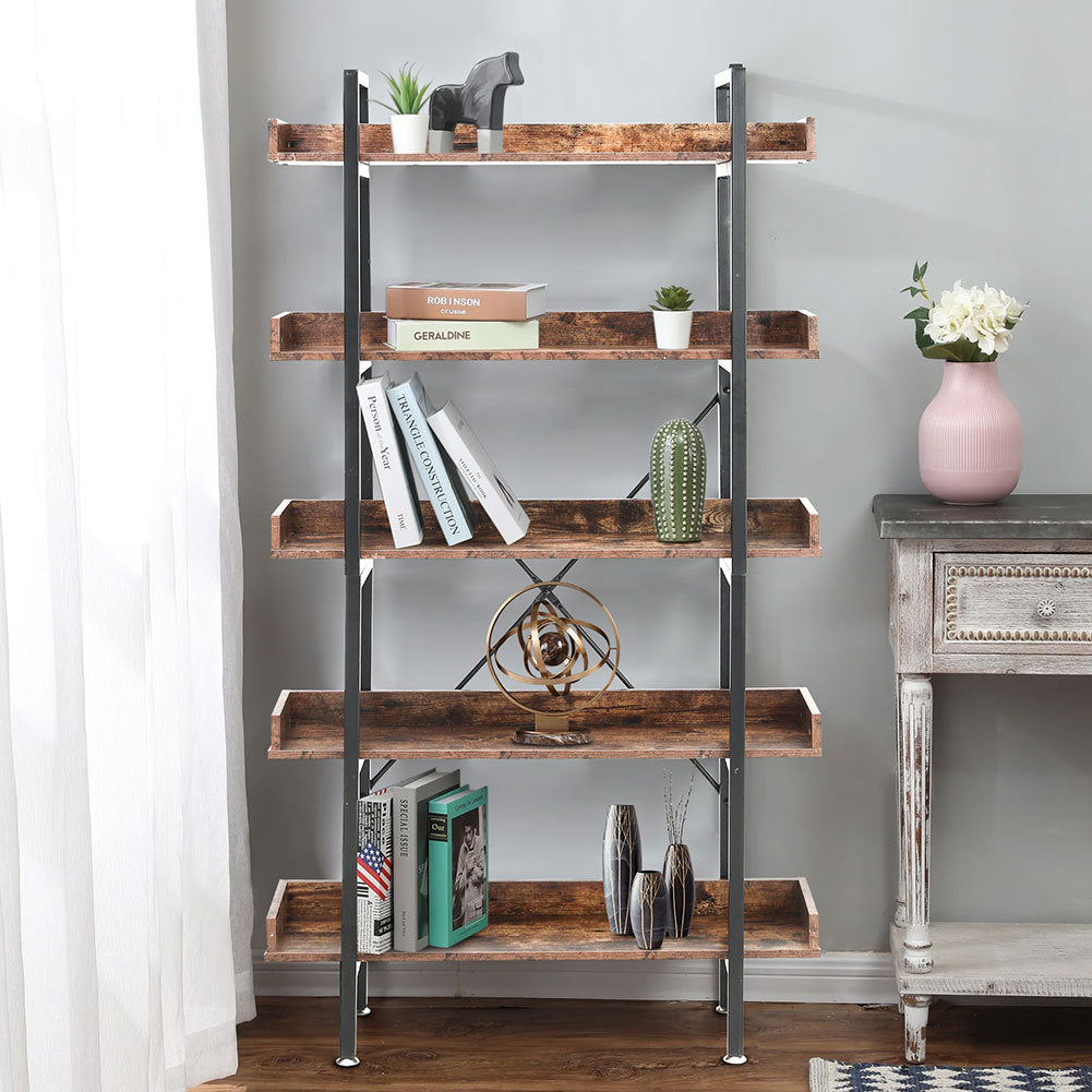 Brown 5 Tier Industrial Shelving Unit Bookcase Display Shelf