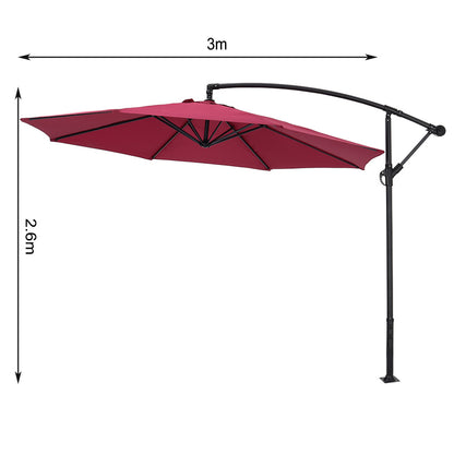 3M Banana Parasol Patio Umbrella Sun Shade Shelter with Fanshaped Base, Wine Red