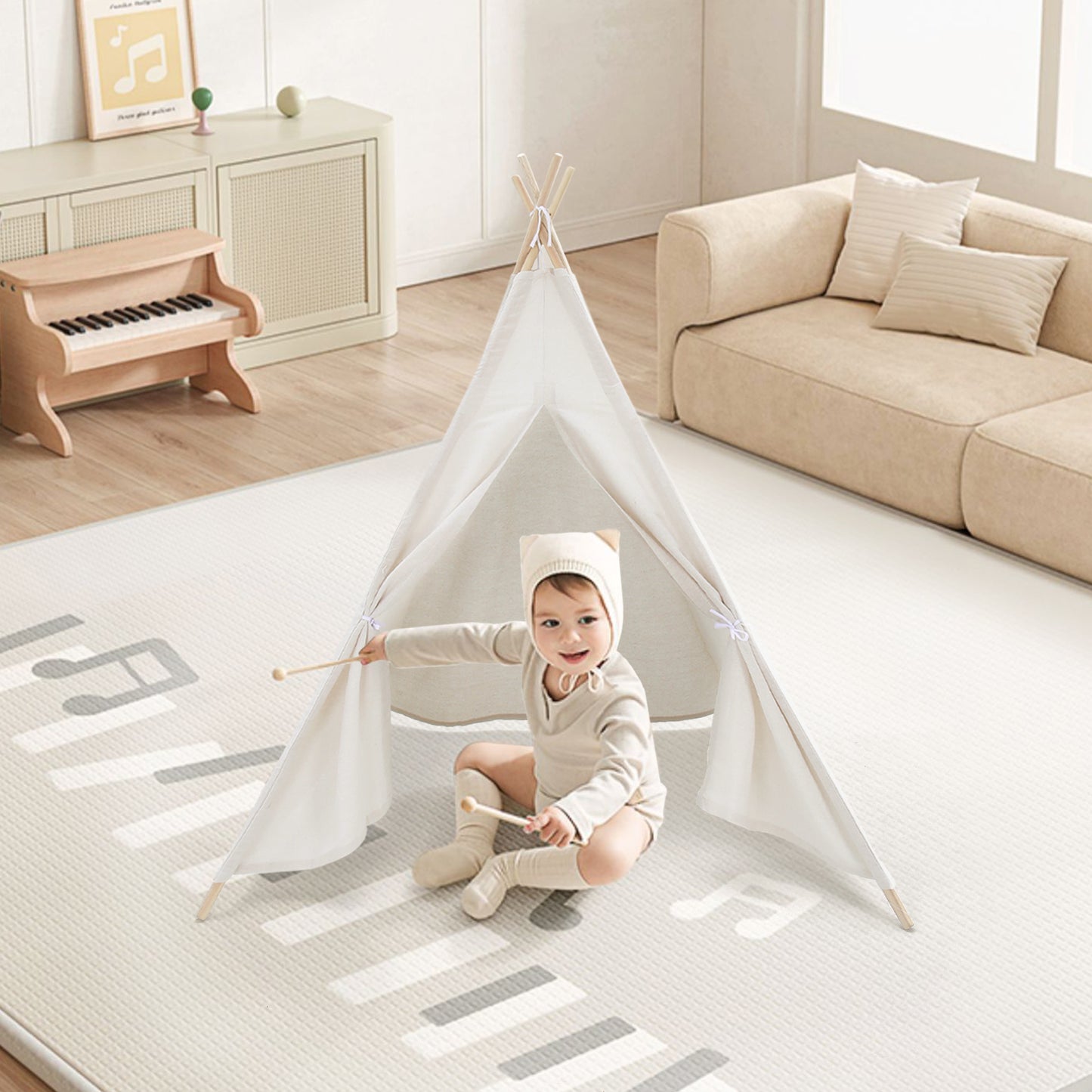 White Indoor Indian Teepee Tent Play House Wood Support for Kids