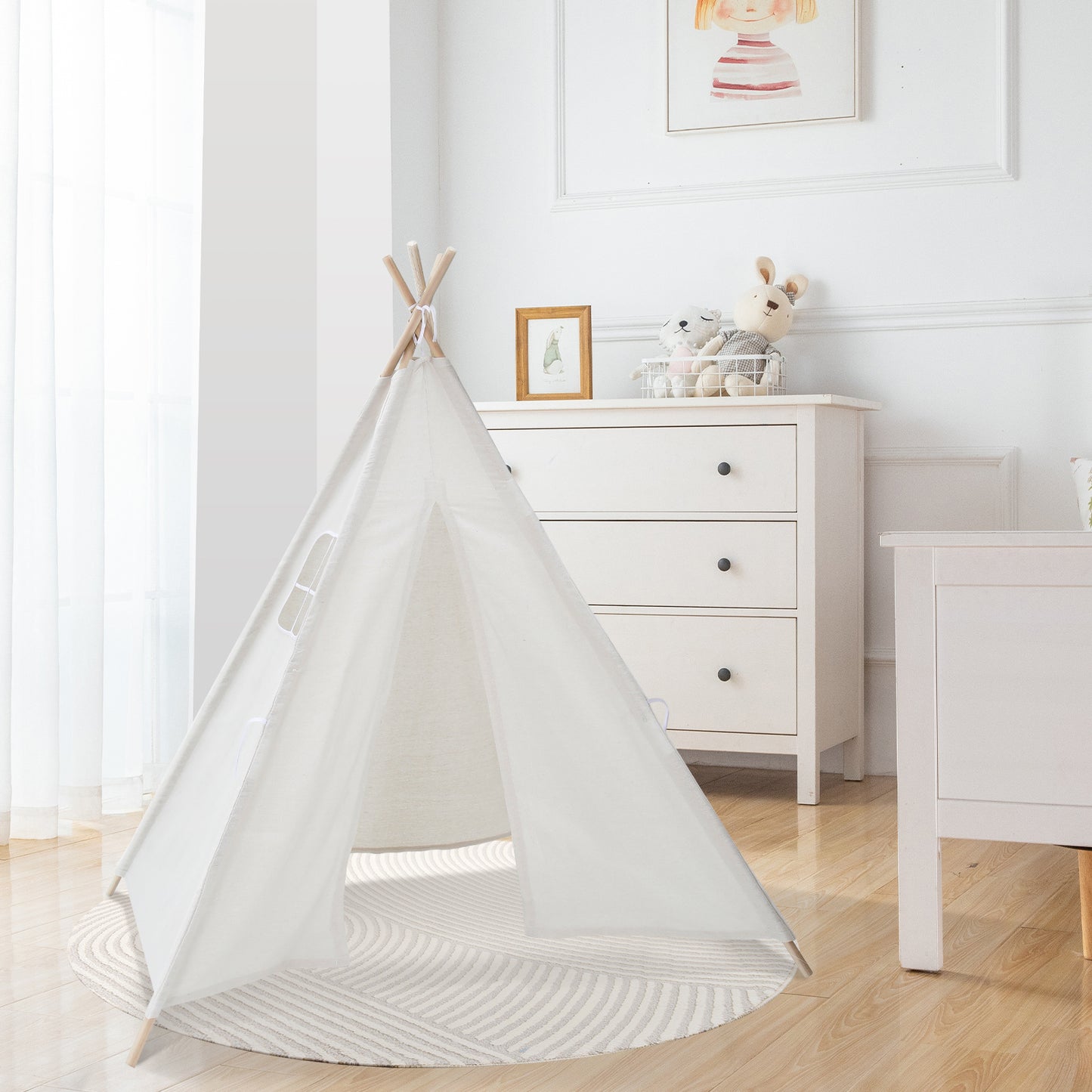 White Indoor Indian Teepee Tent Play House Wood Support for Kids