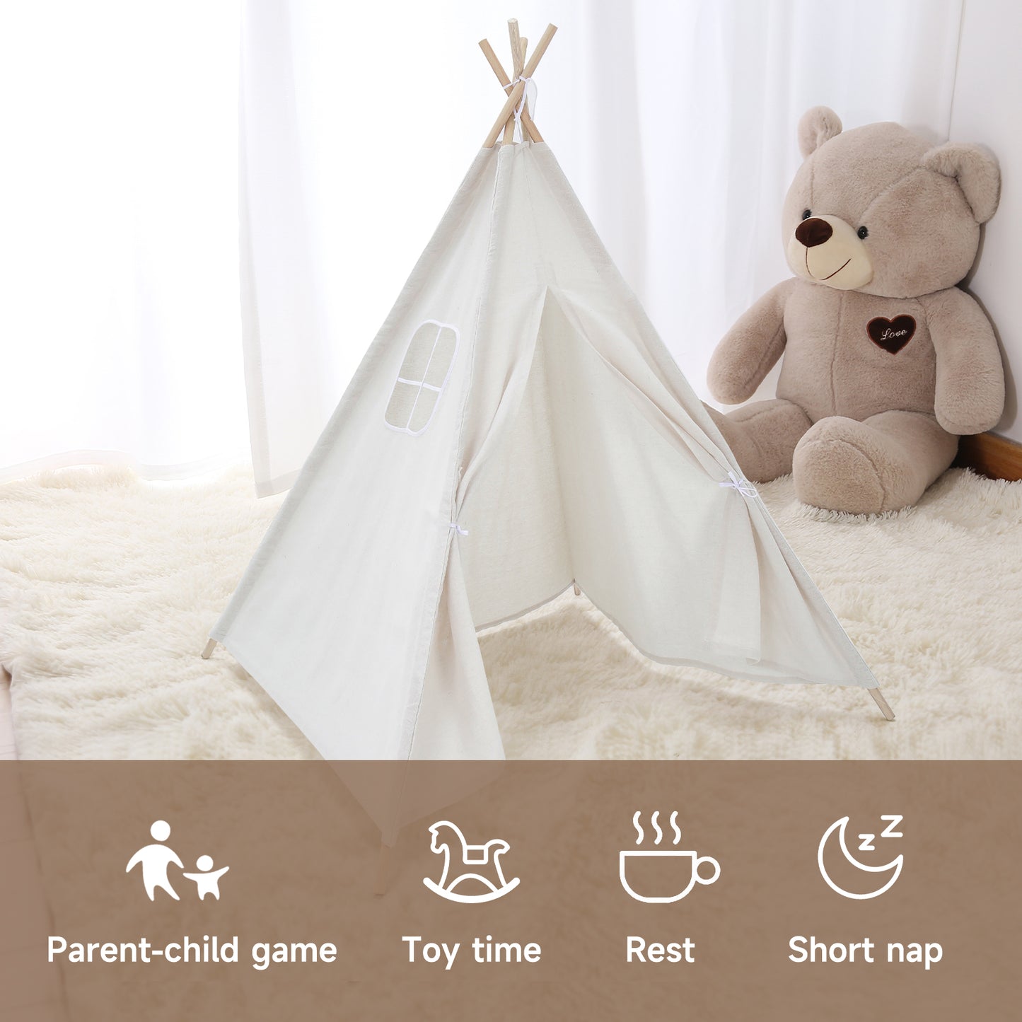 White Indoor Indian Teepee Tent Play House Wood Support for Kids