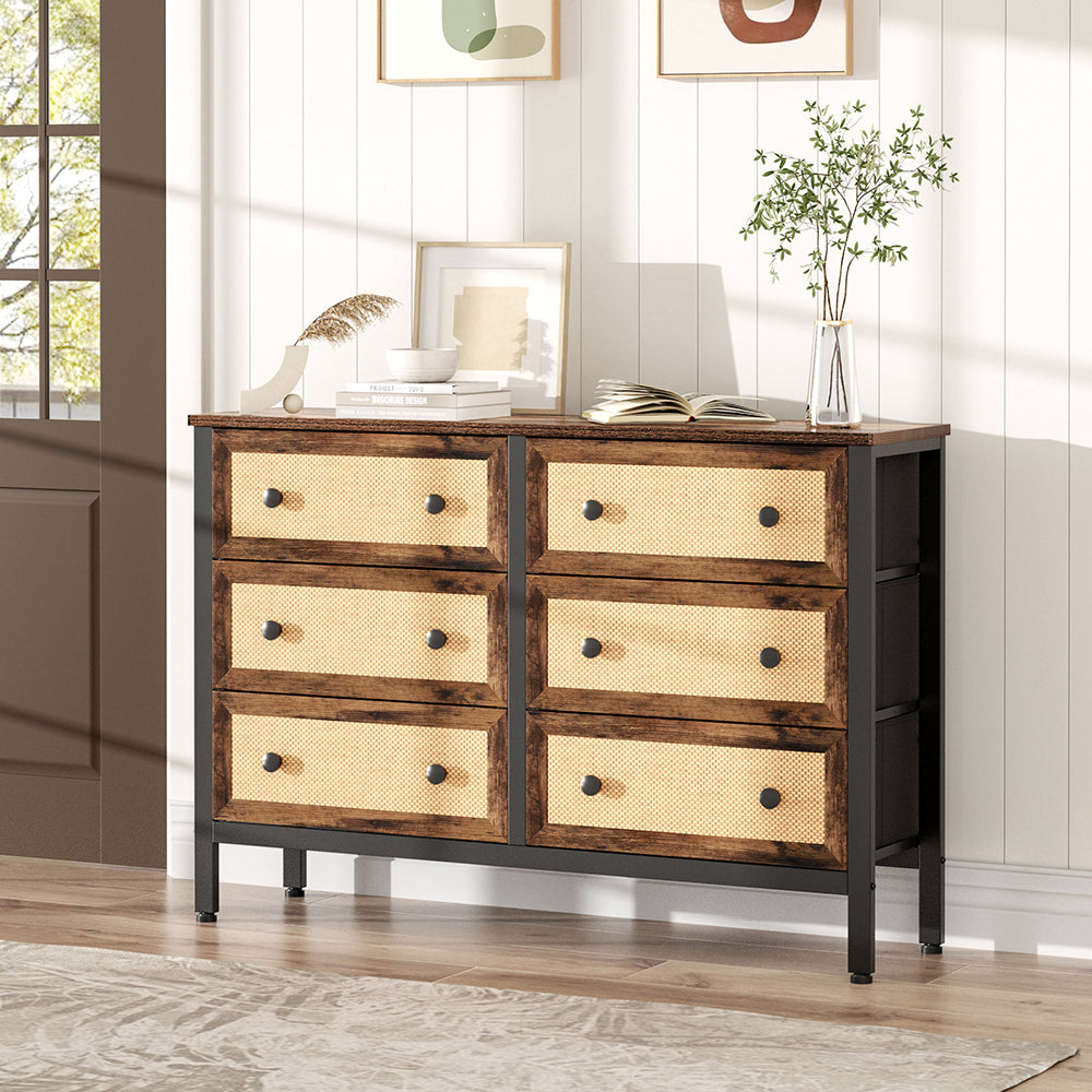 Rustic Rattan Storage Cabinet with Six Drawers