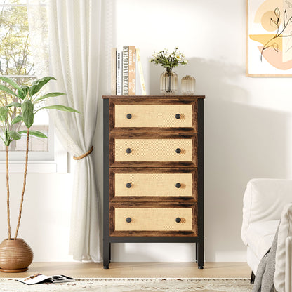 Rustic Rattan Storage Cabinet with Four Drawers