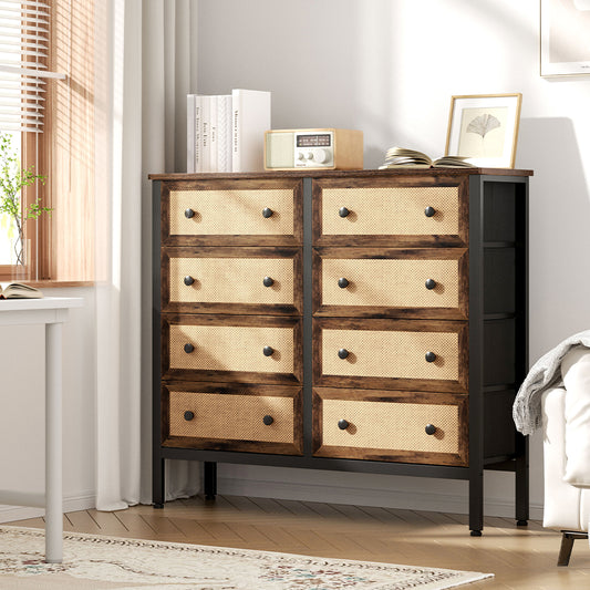 Rustic Rattan Storage Cabinet with Eight Drawers