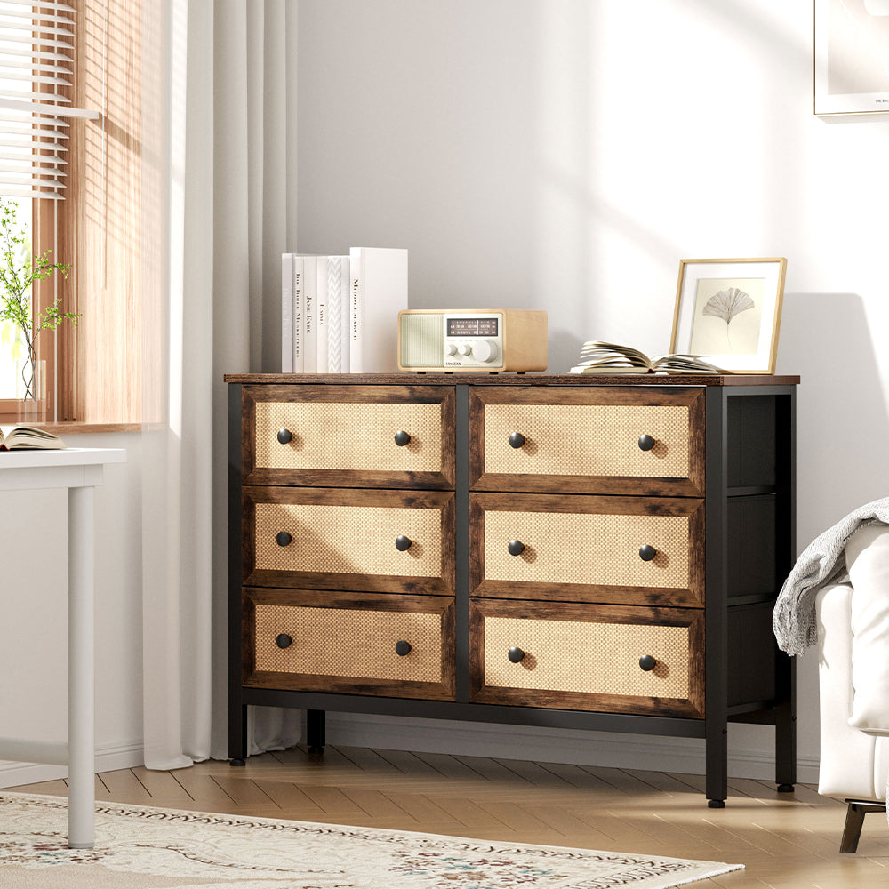 Rustic Rattan Storage Cabinet with Six Drawers