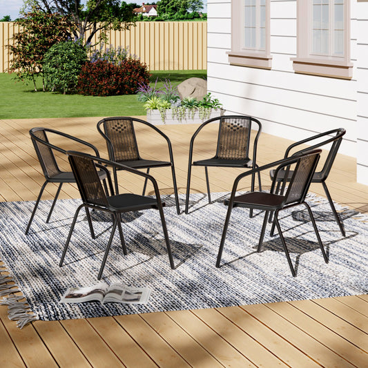 Set of 6 Black Garden Patio Metal Wicker Chairs