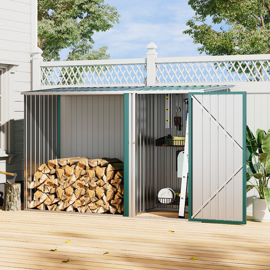 Green Log Stacking Rack and Steel Outdoor Garden Storage Shed