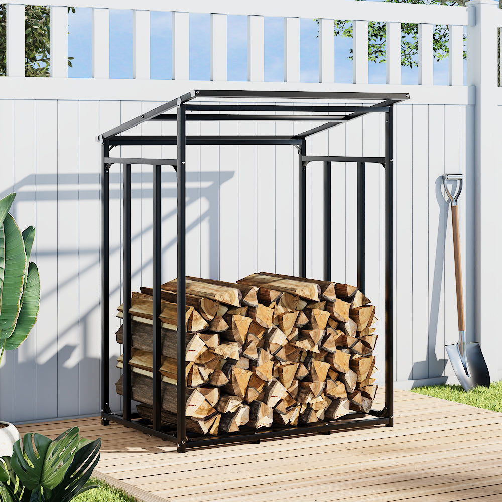 Roofed Garden Metal Tube Firewood Rack 110cm Grey