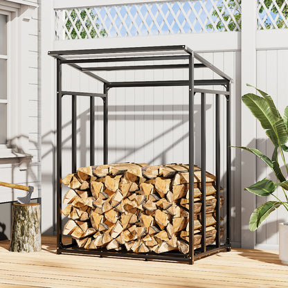 Roofed Garden Metal Tube Firewood Rack 110cm Grey