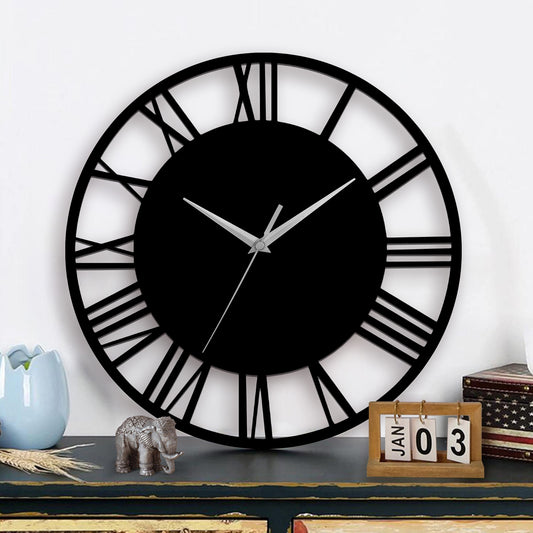 Black and Silver 30CM Large Elegant Roman Numerals Open Round Wall Clock