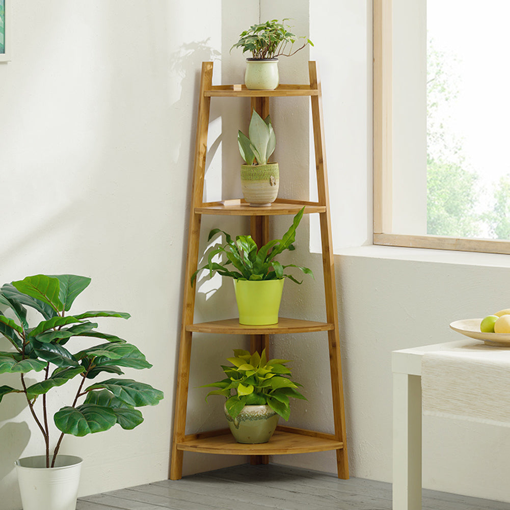 Brown 4 Tier Ladder Corner Bamboo Wood Flower Plant Stand