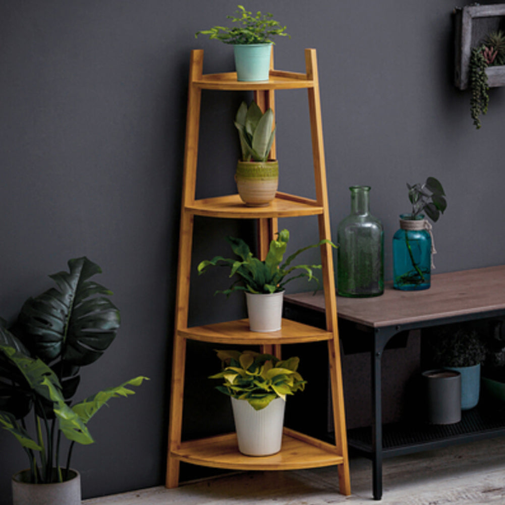 Brown 4 Tier Ladder Corner Bamboo Wood Flower Plant Stand