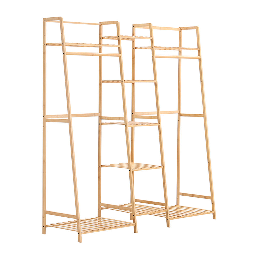 Natural Wood Bamboo Trapezoid Storage Shelves Clothes Hanging Rack