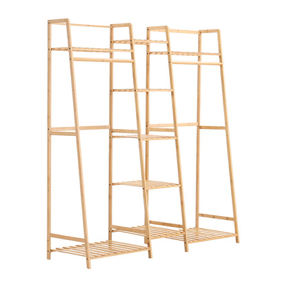 Natural Wood Bamboo Trapezoid Storage Shelves Clothes Hanging Rack