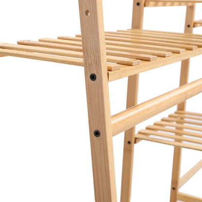 Natural Wood Bamboo Trapezoid Storage Shelves Clothes Hanging Rack