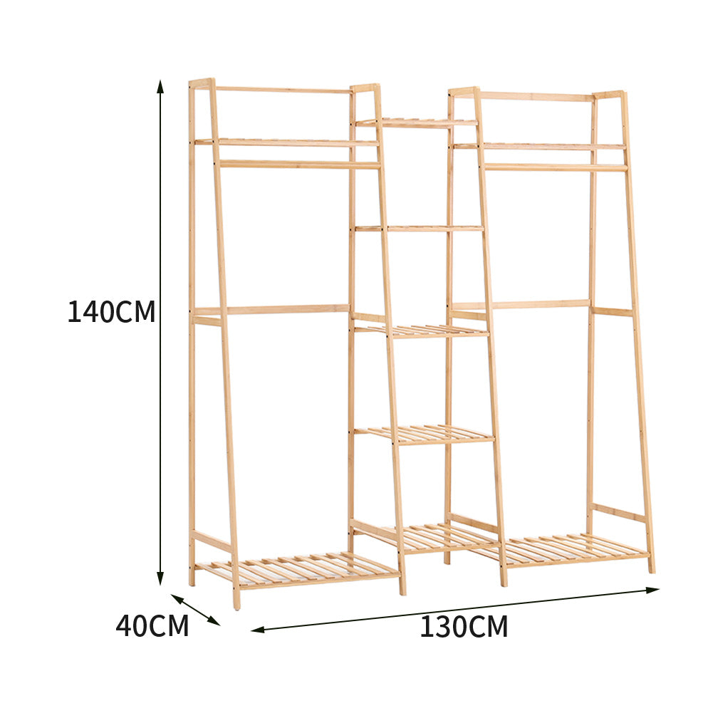 Natural Wood Bamboo Trapezoid Storage Shelves Clothes Hanging Rack