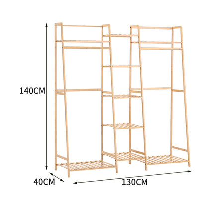 Natural Wood Bamboo Trapezoid Storage Shelves Clothes Hanging Rack