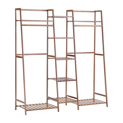 Brown Bamboo Trapezoid Clothing Hanging Rack with Storage Shelves